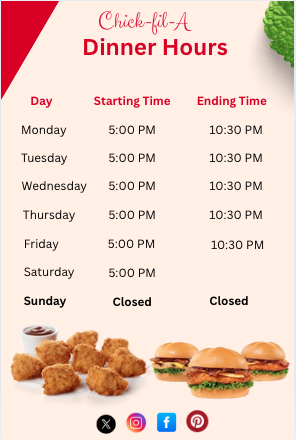 Dinner Hours 2 Chick-fil-A Dinner Hours